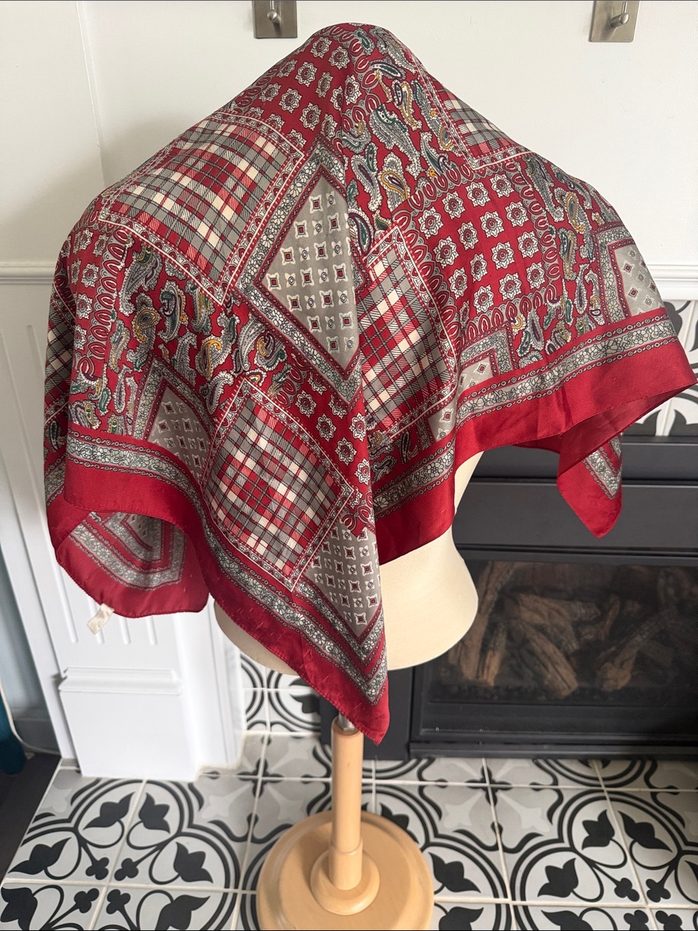 Sisley Red Patterned Silk Square Scarf
